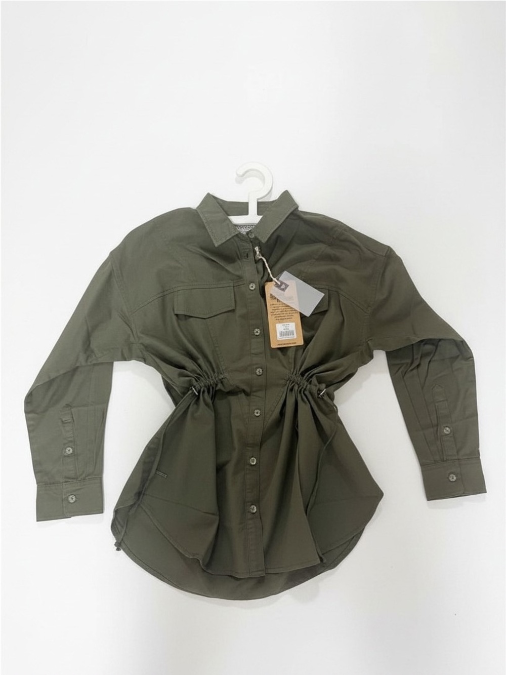 Women's Olive Green Drawstring Button-Down Shirt
